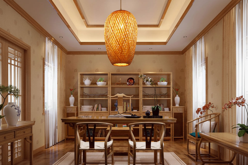 Bamboo Oblong Suspension Pendant 1 Light Asia Hanging Ceiling Light in Beige