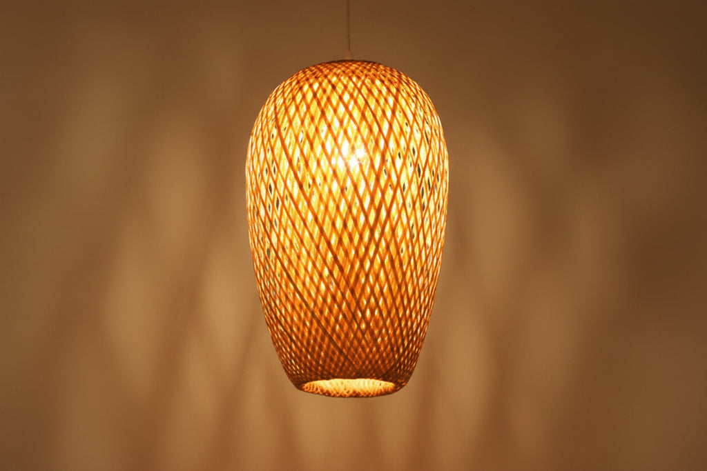 Bamboo Oblong Suspension Pendant 1 Light Asia Hanging Ceiling Light in Beige