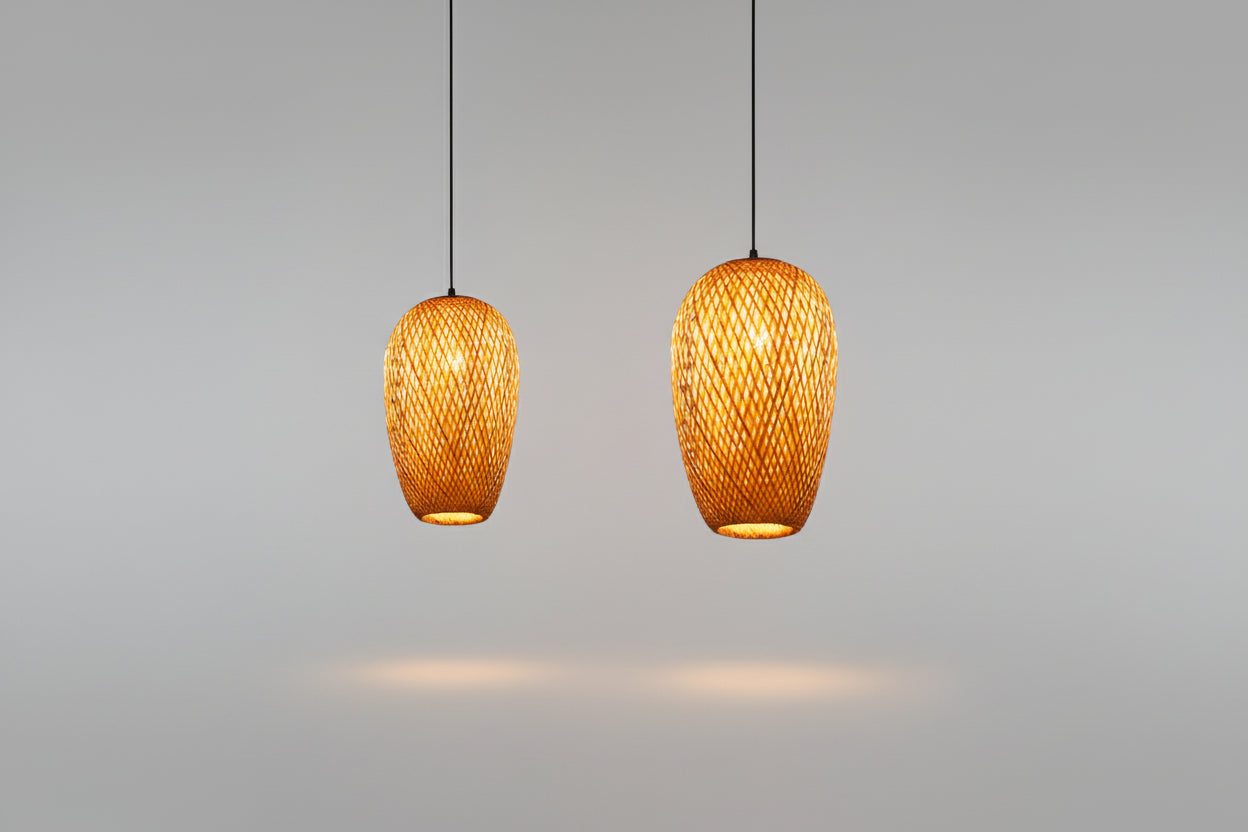 Bamboo Oblong Suspension Pendant 1 Light Asia Hanging Ceiling Light in Beige