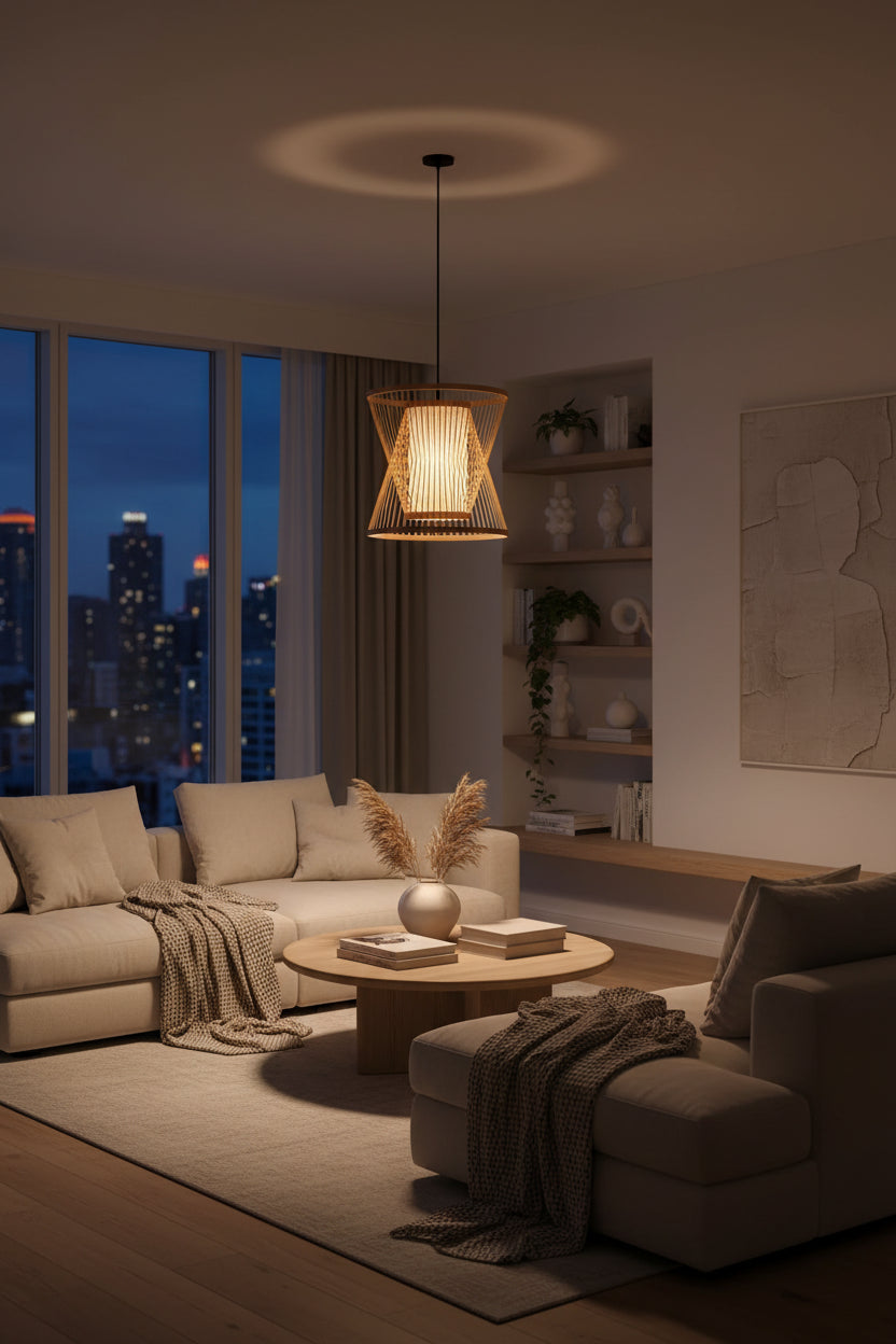 Cone Suspension Pendant Contemporary Bamboo 1 Bulb Wood Hanging Light