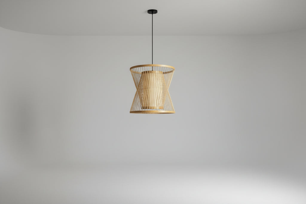 Cone Suspension Pendant Contemporary Bamboo 1 Bulb Wood Hanging Light