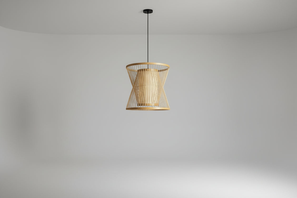 Cone Suspension Pendant Contemporary Bamboo 1 Bulb Wood Hanging Light