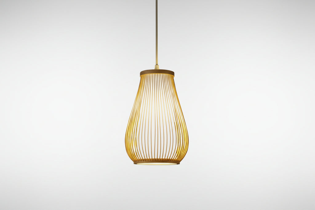 Cylinderical Handmade Bamboo Pendant Hanging Light in Beige Colour