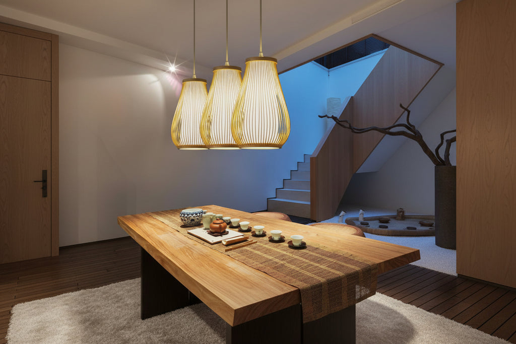 Cylinderical Handmade Bamboo Pendant Hanging Light in Beige Colour