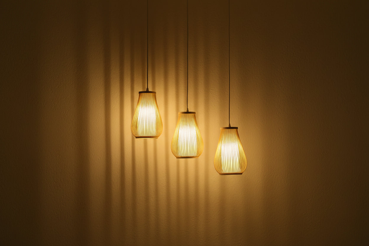 Cylinderical Handmade Bamboo Pendant Hanging Light in Beige Colour