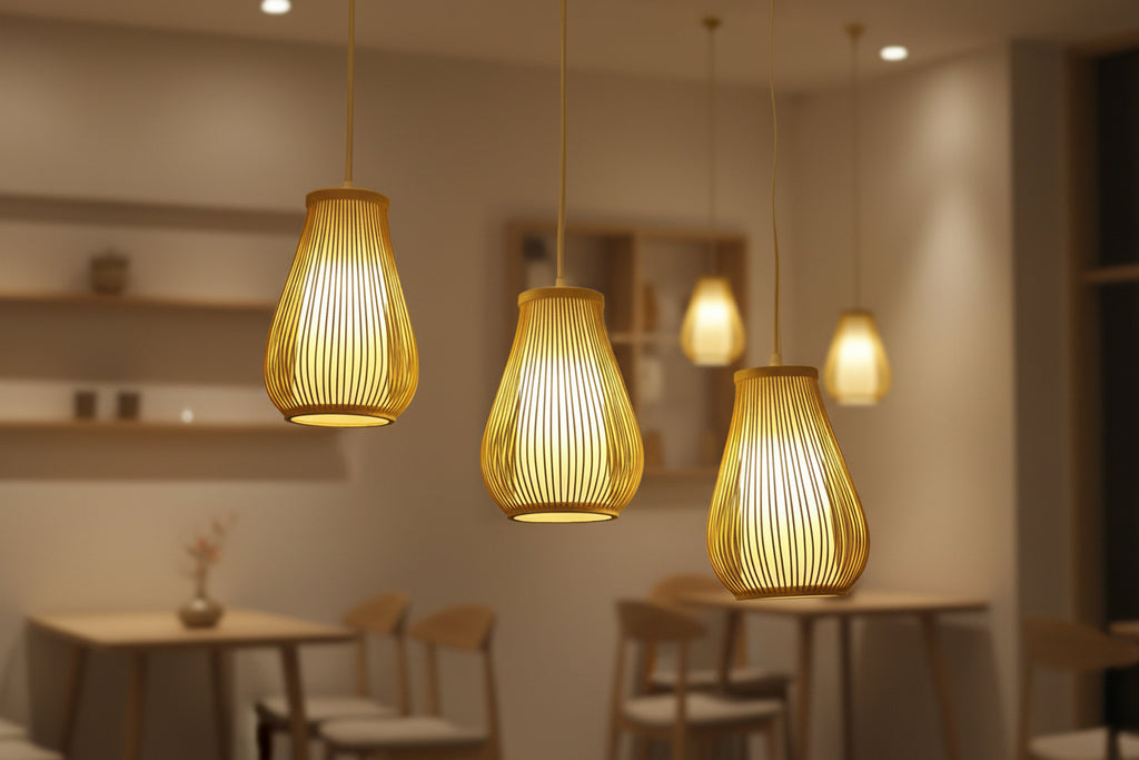 Cylinderical Handmade Bamboo Pendant Hanging Light in Beige Colour